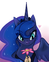 Size: 2034x2600 | Tagged: safe, artist:meowdly, princess luna, alicorn, human, pony, cute, female, flower, hand, heart, lunabetes, male, male pov, mare, offscreen character, offscreen human, pov