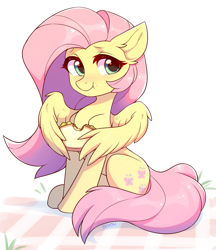 Size: 1725x2000 | Tagged: safe, artist:fensu-san, fluttershy, pegasus, pony, blushing, cute, ear fluff, eating, food, happy birthday mlp:fim, mlp fim's ninth anniversary, picnic, sandwich, shyabetes, solo, wing hands, wing hold, wings