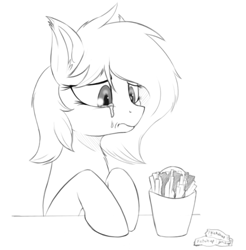 Size: 869x882 | Tagged: safe, artist:graboiidz, oc, oc only, oc:panne, bat pony, bust, crying, eyes on the prize, female, food, french fries, ketchup, mare, monochrome, sad, sauce, sketch, solo