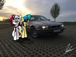 Size: 1280x960 | Tagged: safe, artist:flare-moon, oc, oc:mercury haze, oc:razlad, bmw, bmw 7-series, buisnessmare, car, helix horn, photo, ponies in real life