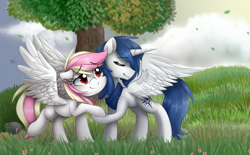 Size: 2100x1300 | Tagged: artist needed, source needed, safe, oc, oc only, oc:prince nova, oc:rainy skies, alicorn, pegasus, pony, alicorn oc, cloud, duo, eyes closed, holding hooves, novaskies, outdoors, scenery, spread wings, tree, wings