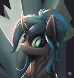 Size: 1564x1644 | Tagged: safe, artist:noctilucent-arts, oc, oc only, oc:queen polistae, changeling, changeling queen, bust, changeling oc, changeling queen oc, commission, curved horn, female, looking at you, mare, solo