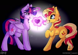 Size: 1600x1132 | Tagged: dead source, safe, artist:julunis14, sunset shimmer, twilight sparkle, twilight sparkle (alicorn), alicorn, pony, unicorn, duo, female, heart, mare, not shipping, undertale