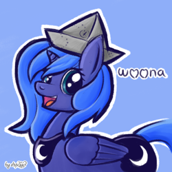 Size: 1024x1024 | Tagged: safe, artist:dsp2003, princess luna, alicorn, pony, 2014, cartographer's cap, cute, female, filly, happy, hat, looking at you, lunabetes, moonstuck, open mouth, paper hat, s1 luna, smiling, solo, woona