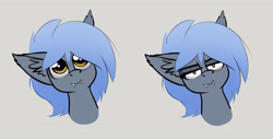 Size: 2480x1262 | Tagged: safe, artist:duop-qoub, oc, oc:panne, bat pony, pony, bedroom eyes, bust, ear fluff, fangs, female, gray background, large ears, looking at you, simple background, solo