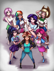 Size: 914x1200 | Tagged: safe, artist:the-park, applejack, fluttershy, pinkie pie, rainbow dash, rarity, sci-twi, spike, spike the regular dog, sunset shimmer, twilight sparkle, dog, equestria girls, human coloration, humane five, humane seven, humane six, looking at you, one eye closed, simple background, standing, wink