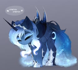 Size: 1920x1725 | Tagged: safe, artist:magnaluna, princess luna, alicorn, pony, alternate hairstyle, bat wings, behaving like a cat, butt fluff, cheek fluff, colored wings, colored wingtips, cute, descriptive noise, ear fluff, eyes closed, eyeshadow, female, fluffy, frown, glow, glowing mane, gradient wings, gray background, hoof fluff, horn, horn jewelry, jewelry, kitty luna, leg fluff, lunabetes, makeup, mare, regalia, shoulder fluff, simple background, solo, stretching, tail jewelry, unshorn fetlocks, wing fluff, wings
