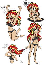 Size: 706x1000 | Tagged: safe, artist:the-park, sunset shimmer, equestria girls, adorasexy, armpits, barefoot, belly button, bikini, clothes, cute, feet, grumpy, human coloration, jumping, midriff, multeity, sexy, shimmerbetes, simple background, sitting, smiling, solo, standing, swimsuit, windswept mane