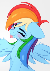 Size: 872x1232 | Tagged: safe, artist:omi, rainbow dash, pegasus, pony, blushing, chest fluff, cute, dashabetes, ear fluff, female, floppy ears, fluffy, mare, one eye closed, smiling, solo, tongue out, waifu, wing fluff, wings