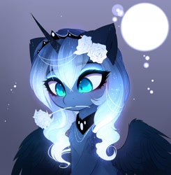 Size: 1920x1956 | Tagged: safe, artist:magnaluna, princess luna, alicorn, pony, chest fluff, crown, cute, ear fluff, female, flower, flower in hair, flower in mouth, gradient mane, horn, horn jewelry, jewelry, lunabetes, mare, mouth hold, neck fluff, regalia, solo