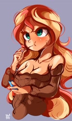 Size: 1112x1863 | Tagged: safe, artist:tohupo, sunset shimmer, equestria girls, bare shoulders, breasts, cleavage, clothes, cute, eating, female, food, human coloration, off shoulder, pocky, shimmerbetes, simple background, solo, sunset jiggler, sweater