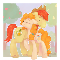Size: 1100x1100 | Tagged: safe, artist:imaplatypus, bright mac, pear butter, earth pony, pony, the perfect pear, brightbutter, cute, eyes closed, female, hat, male, mare, nuzzling, raised leg, shipping, smiling, stallion, straight, tree
