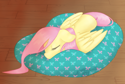 Size: 1054x704 | Tagged: safe, artist:imaplatypus, fluttershy, pegasus, pony, bean bag chair, cute, eyes closed, female, floppy ears, indoors, mare, prone, shyabetes, sleeping, solo, stray strand, three quarter view, wings