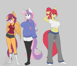 Size: 3500x3000 | Tagged: safe, artist:silverfox057, apple bloom, scootaloo, sweetie belle, anthro, plantigrade anthro, apple bloomed, big breasts, boobaloo, booty shorts, breasts, bubblegum, busty cmc, clothes, cutie mark crusaders, female, food, gum, mare, midriff, older, older apple bloom, older cmc, older scootaloo, older sweetie belle, smiling, sweater puppies, sweetie boobs