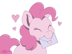 Size: 1024x768 | Tagged: safe, artist:imaplatypus, pinkie pie, earth pony, pony, cute, diapinkes, envelope, eyes closed, female, happy, heart, holiday, letter, mare, mouth hold, simple background, smiling, solo, three quarter view, valentine's day, white background