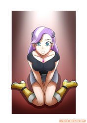 Size: 2480x3507 | Tagged: safe, artist:rambon7, diamond tiara, human, equestria girls, boots, clothes, cover, ear piercing, earring, female, frown, gritted teeth, humanized, jewelry, kneeling, looking at you, looking up, miniskirt, necklace, older, older diamond tiara, patreon, pendant, piercing, raised eyebrow, shoes, sitting, skirt, solo, surprised, thighs, wide eyes