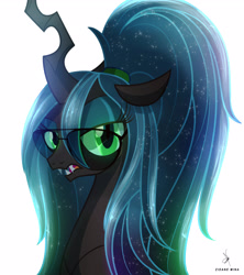 Size: 3000x3374 | Tagged: safe, artist:zidanemina, queen chrysalis, changeling, changeling queen, alternate hairstyle, bust, digital art, dork, dorkalis, ethereal mane, female, glasses, green eyes, high res, nerd, open mouth, ponytail, simple background, solo, starry mane, white background