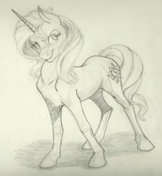 Size: 1318x1428 | Tagged: safe, artist:skybounddeos, sunset shimmer, pony, unicorn, equestria girls, monochrome, sketch, solo, traditional art