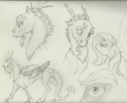 Size: 1472x1192 | Tagged: safe, artist:skybounddeos, discord, fluttershy, pegasus, pony, monochrome, traditional art