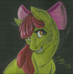 Size: 1654x1696 | Tagged: safe, artist:skybounddeos, apple bloom, earth pony, pony, apple bloom's bow, female, red mane, solo, traditional art, yellow coat