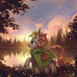 Size: 1602x1602 | Tagged: safe, artist:mirroredsea, oc, oc only, oc:distorted symphony, kirin, cloak, clothes, commission, female, forest, kirin oc, lake, magic, musical instrument, pan flute, raised hoof, saddle bag, scenery, scenery porn, solo, telekinesis