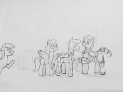 Size: 960x720 | Tagged: safe, oc, oc only, oc:forage, oc:razorhail, oc:sunfall, comic:sunfall, fallout equestria, /foe/, armor, monochrome, powered exoskeleton, traditional art