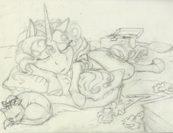 Size: 1439x1108 | Tagged: safe, artist:skybounddeos, opalescence, rarity, cat, pony, unicorn, cute, monochrome, sketch, sleeping, tired, traditional art