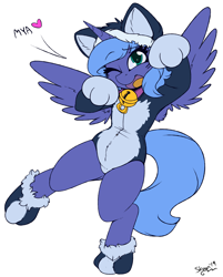 Size: 2650x3300 | Tagged: safe, artist:skoon, princess luna, alicorn, pony, semi-anthro, adorasexy, animal costume, bell, bell collar, cat costume, cat ears, catsuit, clothes, collar, colored, costume, cute, female, filly, flat colors, halloween, halloween costume, holiday, looking at you, lunabetes, mare, one eye closed, open mouth, paw socks, princess mewna, s1 luna, sexy, simple background, solo, spread wings, white background, wings, wink, woona, younger