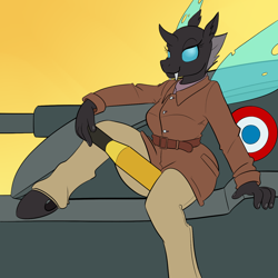 Size: 1500x1500 | Tagged: safe, artist:goat train, oc, oc only, oc:ri'vee, anthro, changeling, unguligrade anthro, clothes, female, french, pinup, shell, smiling, solo, tank (vehicle), tanker, uniform