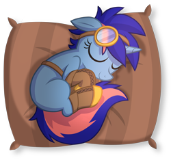 Size: 4240x3971 | Tagged: safe, artist:wingedwolf94, part of a set, oc, oc only, oc:ryo, clothes, commission, eyes closed, goggles, pillow, simple background, sleeping, solo, transparent background, ych result