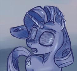 Size: 648x603 | Tagged: safe, artist:post-it, rarity, pony, unicorn, colored sketch, cutie mark, eyes closed, female, horn, monochrome, simple background, sketch, solo