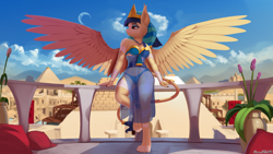 Size: 5760x3240 | Tagged: safe, alternate version, artist:discordthege, oc, oc only, oc:shesta, anthro, digitigrade anthro, sphinx, ankh, anthro oc, beautiful, beautisexy, bra, breasts, cleavage, clothes, egypt, egyptian, eyeshadow, female, flower, jewelry, makeup, moon, necklace, nemes headdress, panties, pyramid, see-through, sexy, signature, sky, solo, sphinx oc, traditional outfit, underwear