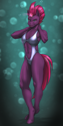 Size: 1900x3800 | Tagged: safe, artist:mykegreywolf, fizzlepop berrytwist, tempest shadow, anthro, unguligrade anthro, unicorn, abs, armpits, belly button, breasts, broken horn, clothes, delicious flat chest, female, glowing horn, high res, high-cut clothing, horn, looking at you, mare, muscles, muscular female, one-piece swimsuit, pretty pretty tempest, smiling, solo, swimsuit, temple shadow