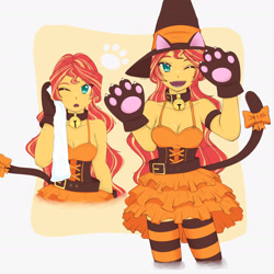 Size: 1791x1791 | Tagged: safe, artist:dragonemperror2810, sunset shimmer, human, equestria girls, anime, bell, bell collar, belt, breasts, catgirl, cleavage, clothes, collar, costume, cute, fake tail, female, halloween, halloween costume, happy, hat, looking at you, miniskirt, one eye closed, open mouth, skirt, smiling, socks, solo, story included, striped socks, sunset jiggler, thigh highs, wink, witch hat