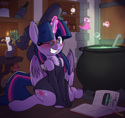 Size: 1936x1820 | Tagged: safe, artist:lockheart, twilight sparkle, twilight sparkle (alicorn), alicorn, ghost, pony, adorkable, blushing, bone hurting juice, boo (super mario), book, candle, cauldron, chest fluff, clothes, colored horn, curved horn, cute, dork, dress, eye clipping through hair, female, glasses, grin, hat, horn, leg fluff, levitation, looking at you, love potion, magic, mare, one eye closed, potion, shoulder fluff, sitting, smiling, smiling at you, solo, sombra's horn, telekinesis, twiabetes, two toned wings, underhoof, wings, wink, winking at you, witch, witch hat