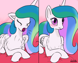 Size: 750x610 | Tagged: safe, artist:mittenred, princess celestia, alicorn, pony, behaving like a cat, blushing, catlestia, chest fluff, crossed hooves, cute, cutelestia, female, lying down, mare, missing accessory, prone, solo, yawn