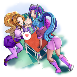 Size: 2060x2060 | Tagged: safe, artist:0ryomamikado0, adagio dazzle, aria blaze, sonata dusk, spike, human, equestria girls, adagiospike, and then spike was a man, anime, ara ara, ariaspike, bedroom eyes, blushing, boots, clothes, converse, female, heart, human coloration, humanized, leggings, legs, lucky bastard, male, miniskirt, pictogram, pigtails, ponytail, shipping, shoes, skirt, socks, spike gets all the sirens, spinata, straight