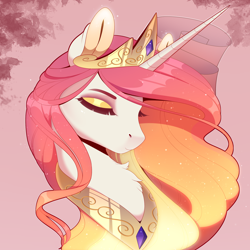 Size: 2200x2200 | Tagged: safe, artist:evehly, edit, princess celestia, alicorn, pony, bust, chest fluff, collar, cropped, crown, eyes closed, female, jewelry, mare, necklace, portrait, regalia, solo, tiara