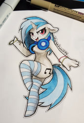 Size: 2538x3702 | Tagged: safe, artist:wingedwolf94, dj pon-3, vinyl scratch, anthro, unguligrade anthro, anatomically incorrect, atryl-ish, chest fluff, chibi, clothes, cute, dancing, ear fluff, floppy ears, headphones, high res, incorrect leg anatomy, looking at you, open mouth, simple background, socks, solo, striped socks, style emulation, traditional art, vinylbetes