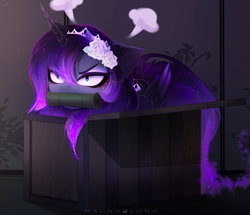 Size: 4666x4018 | Tagged: safe, artist:magnaluna, princess luna, alicorn, pony, bit gag, crown, cute, daaaaaaaaaaaw, dark, demon slayer, female, gag, jewelry, kimetsu no yaiba, lunabetes, magnaluna is trying to murder us, mare, nezuko kamado, parody, regalia, scene parody, solo, weapons-grade cute