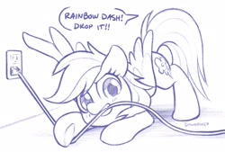 Size: 2048x1386 | Tagged: safe, artist:dawnfire, rainbow dash, pegasus, pony, behaving like a cat, chewing, cute, dashabetes, eating, electrical outlet, monochrome, oh no, outlet, power cord, solo, this will end in death, this will end in electrocution, this will end in pain, this will end in tears, this will end in tears and/or death