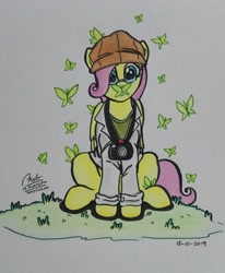 Size: 2368x2877 | Tagged: safe, artist:boyoxhot, fluttershy, butterfly, pegasus, pony, camera, crossover, dr. kondraki, female, glasses, hat, mare, scp, scp foundation, scp-408, sitting, solo, traditional art