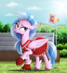 Size: 1914x2088 | Tagged: safe, artist:duskie-06, silverstream, classical hippogriff, hippogriff, cheerleader, cheerleader outfit, cheerleader silverstream, clothes, cute, diastreamies, female, lidded eyes, looking back, midriff, pleated skirt, raised eyebrow, scenery, skirt, smiling, solo