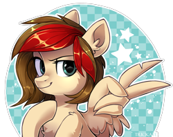 Size: 2727x2164 | Tagged: safe, artist:trickate, oc, oc only, pegasus, pony, bust, female, hoof on chest, mare, peace sign, portrait, smiling, solo, wing hands, wings