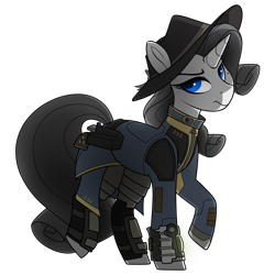 Size: 1050x1050 | Tagged: safe, artist:crimmharmony, pony, unicorn, fallout equestria, fallout equestria: kingpin, armored legs, beauty mark, blank, blank of rarity, blue eyes, boots, clothes, commissioner:genki, fedora, female, gun, handgun, hat, justice mare, lawbringer, mare, not rarity, pipboy, pipbuck, raised hoof, raised leg, revolver, shoes, simple background, solo, stable 232, transparent background, vault suit