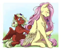 Size: 982x814 | Tagged: safe, artist:hazurasinner, fluttershy, oc, pegasus, pony, blushing, braiding, chest fluff, duo, flower, flower in hair, tongue out