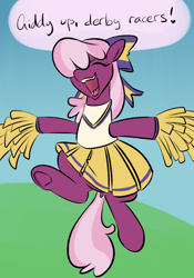 Size: 700x1000 | Tagged: safe, artist:goat train, cheerilee, earth pony, pony, the cart before the ponies, cheerileeder, cheerleader, clothes, derby racers, dock, exclamation point, eyes closed, hair bow, lyrics, open mouth, pleated skirt, pom pom, skirt, skirt lift, solo, speech bubble, text, underhoof