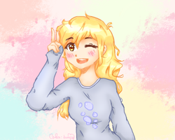 Size: 960x768 | Tagged: safe, artist:cheerymoon2017, artist:cutiekittyfoxpainter, derpy hooves, human, collaboration, abstract background, blushing, clothes, female, humanized, one eye closed, open mouth, peace sign, solo, sweater, wink