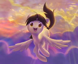 Size: 1490x1224 | Tagged: safe, artist:dawnfire, wild fire, :d, cloud, cloudy, colored pupils, crepuscular rays, flying, open mouth, raised tail, smiling, solo, spread wings, tail