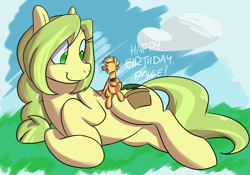 Size: 2000x1400 | Tagged: safe, artist:goat train, oc, oc only, oc:paige, oc:sequoia, birthday, birthday cake, cake, food, growth, macro, size difference, smiling